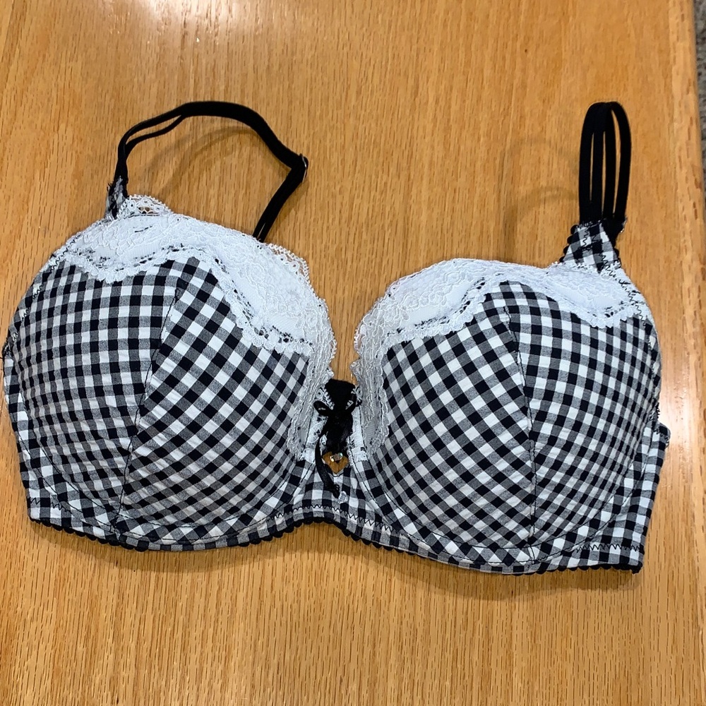 Checkered Black and White Lace Trim Bra